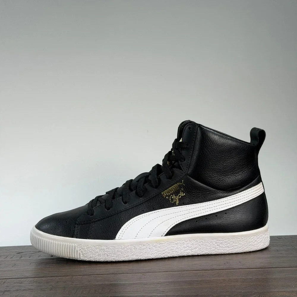 PUMA Clyde Hi-Top Sneakers‎ Mens 9.5 Black/White Retro Leather Classic Trainers